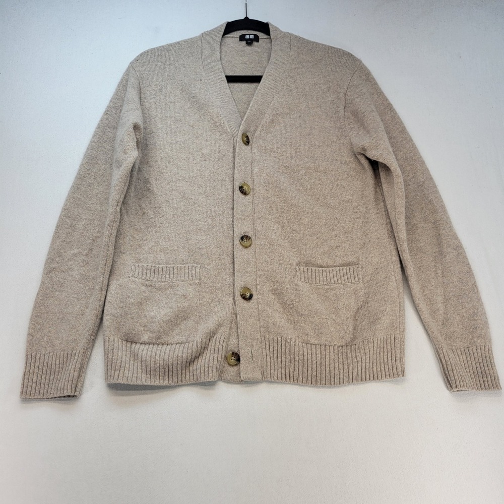 Uniqlo Cardigan Sweater Women S Beige Classic 100% Wool V-Neck Pocket Knit